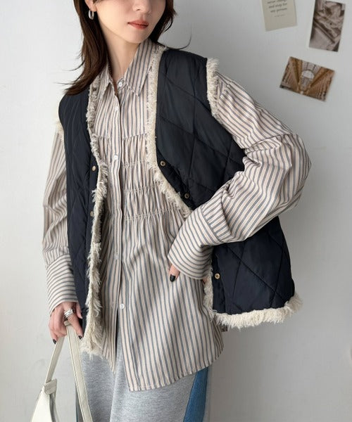 《JaVaジャバコラボ》可愛さも、こなれ感もこれ1枚で。キルティング×ボア 2wayリバーシブルVネックベスト jv1265103