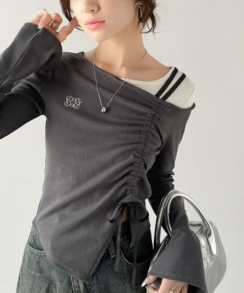 【mily bilet】アシメネックレイヤード風シャーリング使い袖フレア胸刺繍カットソー（長袖） mi1359011