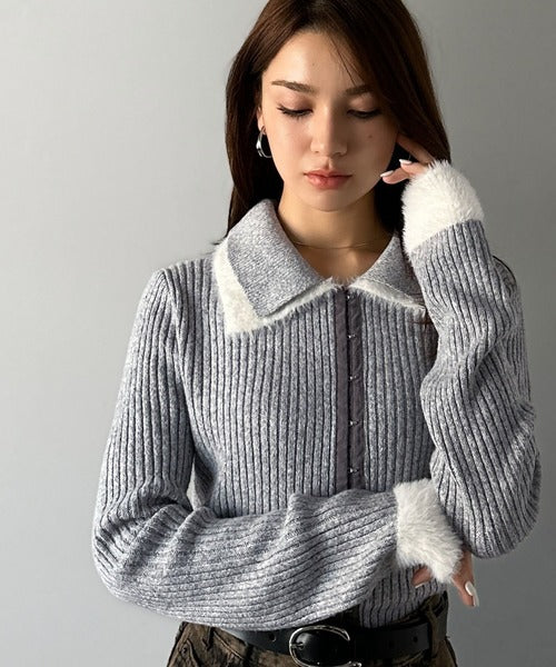 【mily bilet】レイヤード風で魅せる。異素材ダブル襟デザインリブニット素材フロントフックカーディガン（長袖） mi1029174