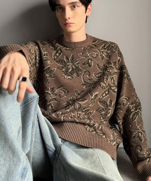 【classical origin】視線を奪う、ジャガード花柄ニット／Jacquard Floral Knit Sweater ao1020311