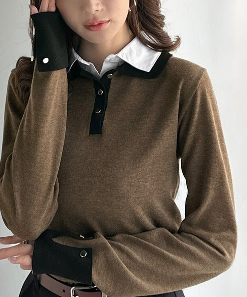 【mily bilet】重ね着風で上品見え◎レイヤード風シャツダブル襟使いカフス切り替えニットプルオーバー（長袖） mi1029159
