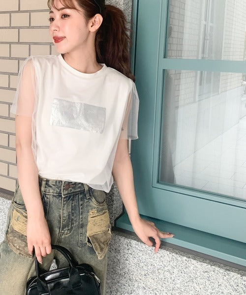 【mily bilet】1枚で上級お洒落style。チュール重ね着風シルバー箔プリントTシャツ mi1149050