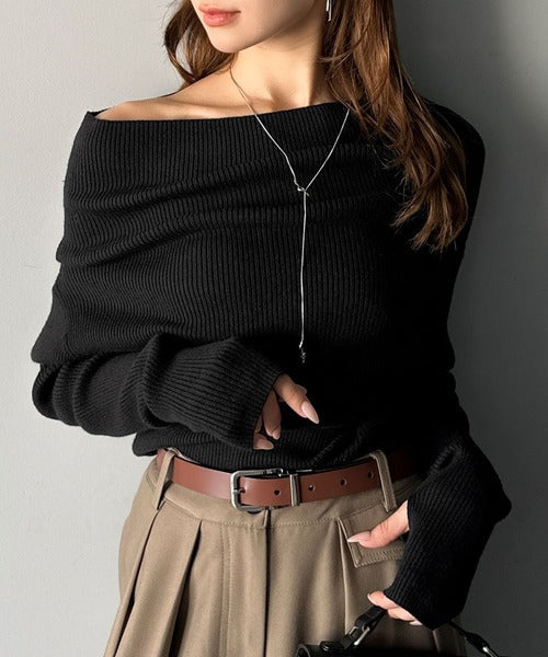 【mily bilet】立体的なシルエットが叶えるデコルテ魅せ♪指穴ドレープ使いファンオフショル２WAYリブニット mi1029137