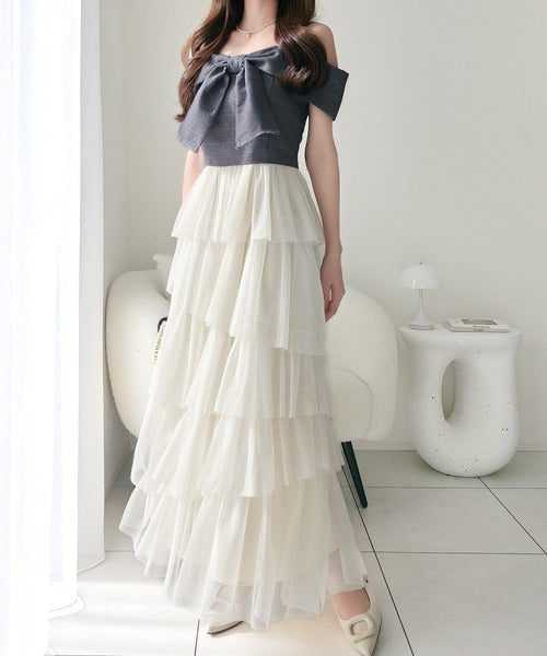 【mily bilet】一枚に大人可愛いを凝縮。リボンデザイントップス×チュールスカートドッキングキャミワンピース (ロング丈) mi1139113