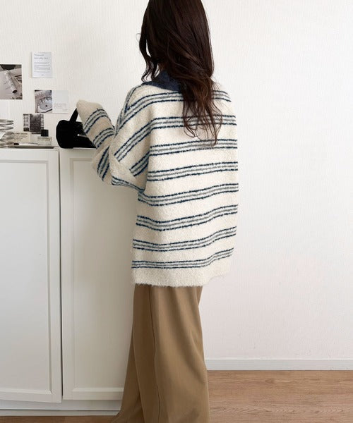 メンズライクに女子っぽさを。胸刺繍ブークレ配色ボーダーニットポロ（長袖） ce1240142