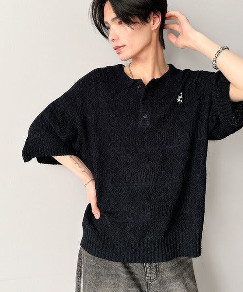 一枚で大人のラフスタイルが決まる。ワンポイント刺繍ブークレポロニットトップス(半袖) cm1260392