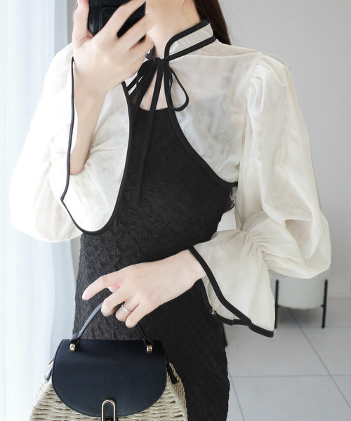 【mily bilet】トレンドをかわいく楽しんで♪パイピング配色シアーボレロセットアップ花柄レースキャミワンピース mi1139083