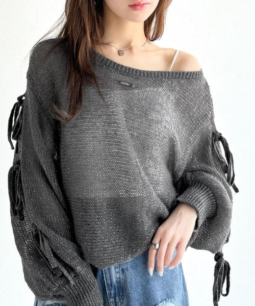【mily bilet】大人のきらめき。プレートデザイン透かし編み袖リボンラメニット(ワンオフショル2way) mi1259009