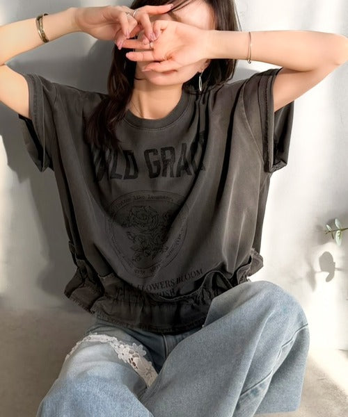 【mily bilet】甘辛バランスが叶う！綿100％ゆるシルエット裾ドロストフリルプリントTシャツ mi1329075