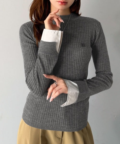 【mily bilet】1枚で完成♪重ね着風デザイン◎カシミアタッチ袖カフスレイヤード刺繍ニット mi1259018