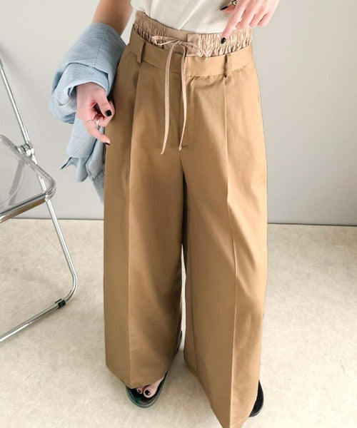 上品なシルエットの優秀パンツ♪Wベルト異素材スラックスワイドパンツ ce0940219
