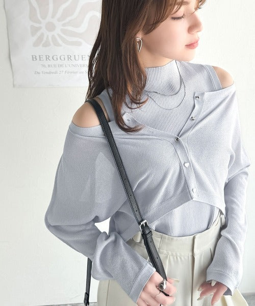 【mily bilet】上品さと可愛らしさを兼ね備えた、オフショル２WAYラメシアーニットアンサンブル（カーディガンセット） mi1029105