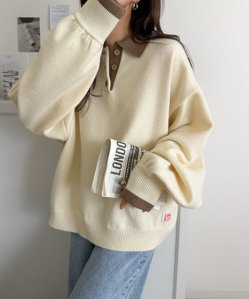 《JaVaジャバコラボ》たっぷりポロが可愛い。配色襟付きヘンリーオーバーサイズニット (長袖) jv1350020