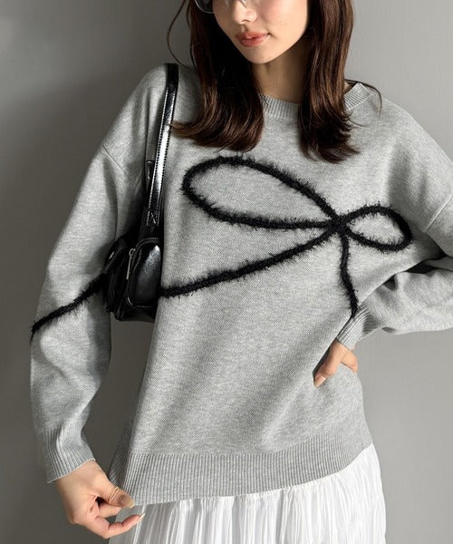 【mily bilet】ゆるっと可愛げ、ふわっと存在感。リボンフェザーコード刺繍ニット（長袖） mi1029130