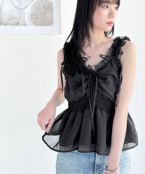 【mily bilet】愛され大人フェミニン。リボン使いフリルオーガンジービスチェキャミソール mi1019072