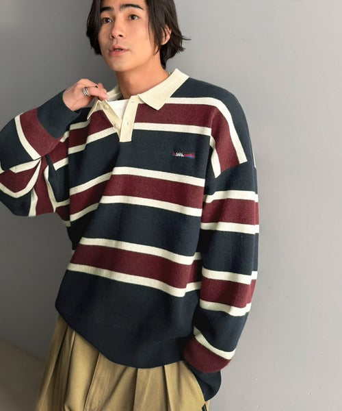 《JaVaジャバコラボ》1枚で洗練された大人の余裕を演出。配色ボーダー柄ポロ襟スウェットライクニット（長袖） jo1250006