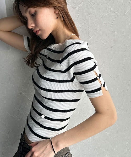 【mily bilet】大人可愛い抜け感！袖開きボタンサマーニット(半袖) mi1029117