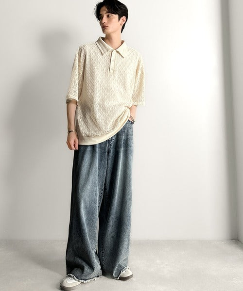 「透け感、モードの余韻。」衿ダブルライン使いレース柄ニットポロシャツ/Lace Detail Knit Polo Shirt co1010010