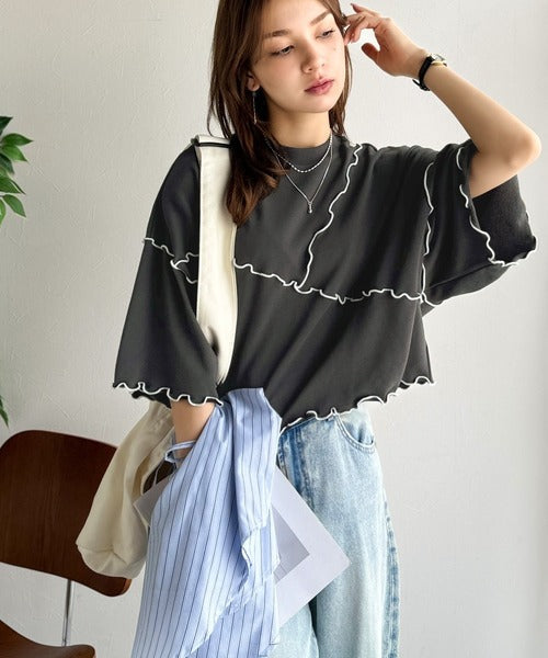 Tシャツより可愛く、スウェットより軽やか♪5分袖メロウ切替裏毛トップス ce1020310
