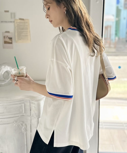 《JaVa ジャバコラボ》大人スポーティー。綿100%シルケット 配色刺繍Tシャツ jv1050074
