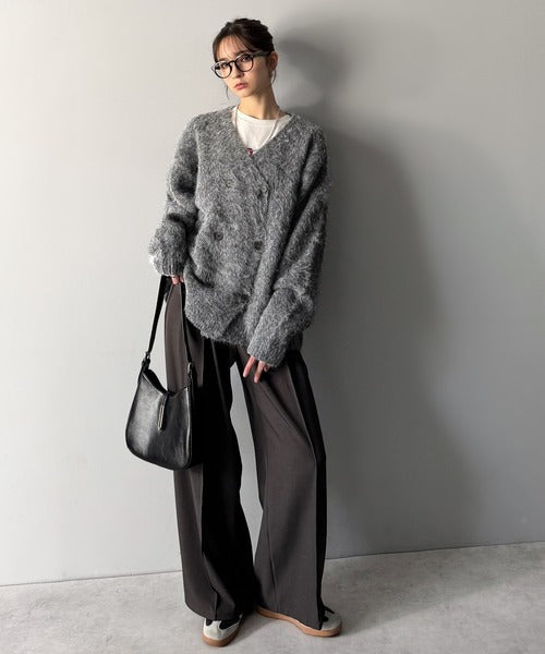 【Classical Origin】「アートな1着。」ミックスシャギー素材ダブルテーラードニットカーディガン／Mixed Shaggy Double-Tailored Knit Cardigan co0780011