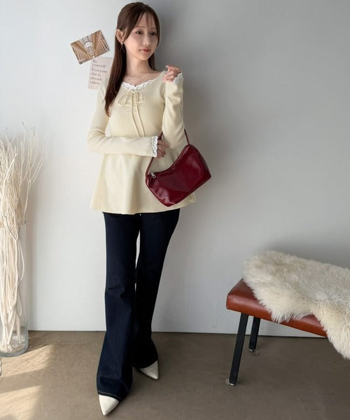 【mily bilet】甘さをひとさじ、華やぐ大人ガーリー。レースレイヤード風ギャザーリボンペプラムニット（長袖） mi1359060