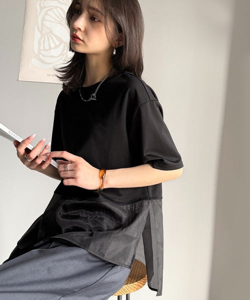 春夏に涼しさ引き立てる透け感が◎裾シアー切り替えライトダンボール半袖Tシャツ ce1110116