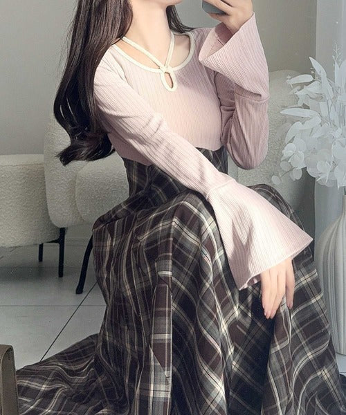 【mily bilet】大人の上品さをブラッシュアップ。チョーカー使い配色パイピングカットソードッキングチェックワンピース mi1139055