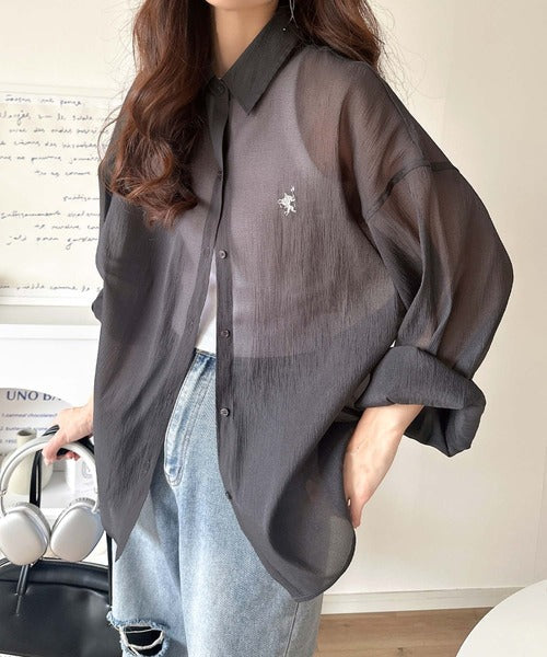シアーなゆるシルエット。胸ワンポイント刺繍ビッグシアーシャツ ce1110099