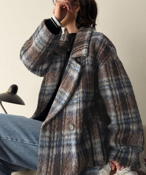 【Classical Evon】大人の余裕を纏う。チェック柄オーバーサイズフェイクウールシャギーコクーンコート（ミドル丈） ev1240132