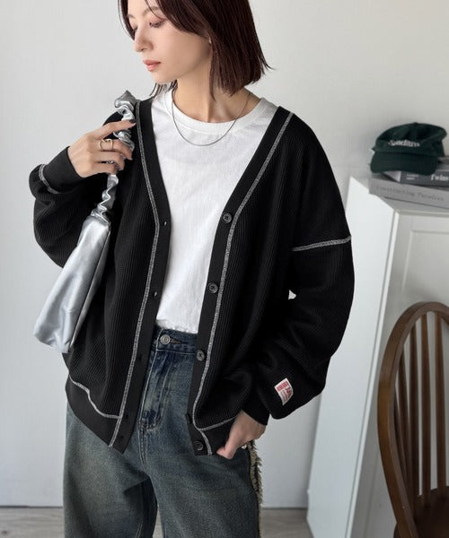 《JaVaジャバコラボ》ラフで上品な大人のゆるカジュアル。配色ステッチVネックワッフルカーディガン（長袖） jv1260505