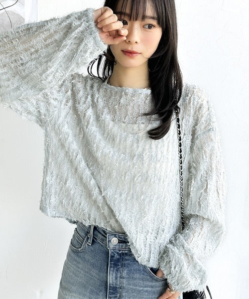 【mily bilet】上質なフェザー素材が生み出す。ふんわり感が魅力の前後2WAYシアーフリンジチュールカーディガン（長袖） mi1019070