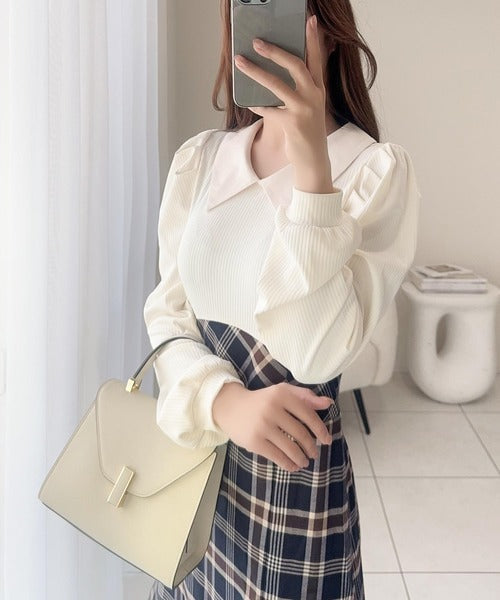 【mily bilet】愛され要素がぎゅっと盛り♪シャツ襟チェックアシメフリルドッキングロングワンピース（長袖） mi1139088