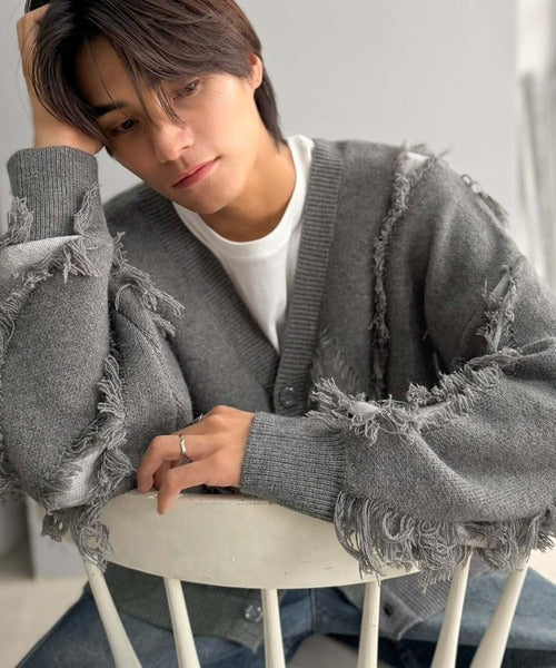 《JaVaジャバコラボ》配色×フリンジ、圧倒的存在感。配色フリンジVネックニットカーディガン jm1260632