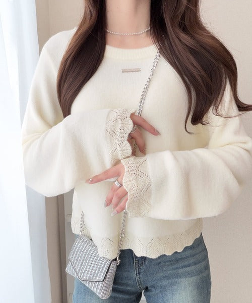 【mily bilet】裾レースとパールが、大人の甘さを引き立てる。前後2way配色ニットレースカーディガン mi1029195
