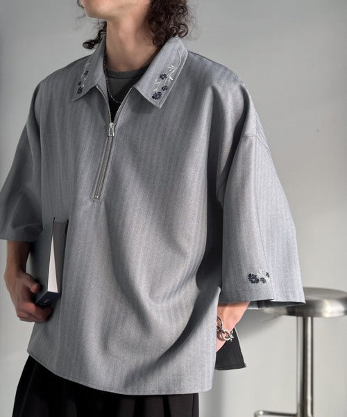 「高見え確定。」刺繍デザインジップシャツ／Embroidered Design Zip Shirt co1010043