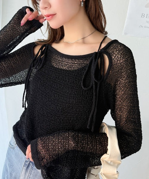 【mily bilet】大人かわいい肌見せを叶える。プレートデザイン前後2WAYメッシュ編み肩リボンニットプルオーバー（長袖） mi1259014