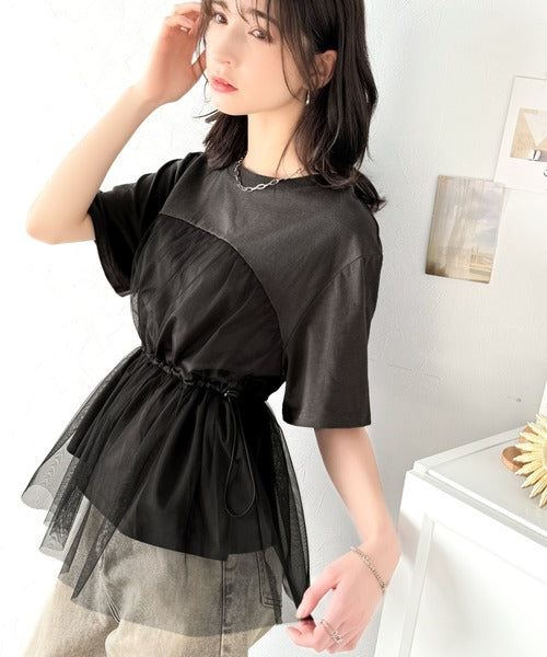 1枚で主役級！綿100%Tシャツ+チュールドッキングドロスト使いトップス(半袖） ce1260379