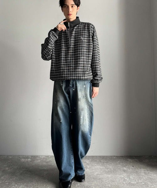【Classical Origin】「上品カジュアル」。裾ドロスト付きツイード素材ハーフジッププルオーバー（長袖）/Tweed Fabric Drawcord Half-Zip Pullover co1010032