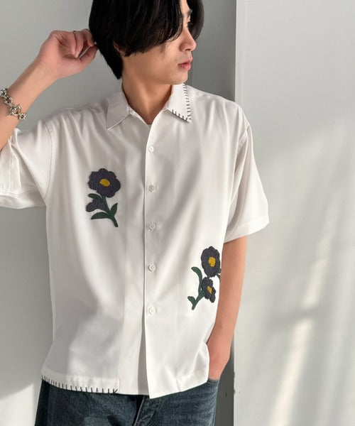 【接触冷感機能付き】サガラ刺繍フラワーステッチシャツ／Cool-Touch Fabric Sagara Embroidered Flower Stitch Shirt (半袖) co1320019