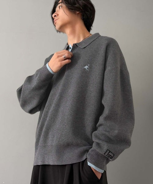 《JaVaジャバコラボ》ラフなのに、きちんと映える。配色スウェットライク胸刺繍入りポロ襟ニット（オーバーサイズ） jo1250005