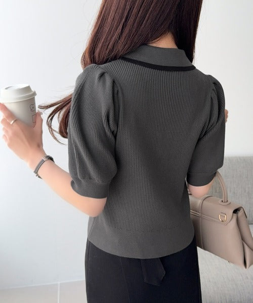 【mily bilet】配色×くすみカラーで魅せる、ずるい清楚さ。配色ラインポロニット (半袖) mi1359044