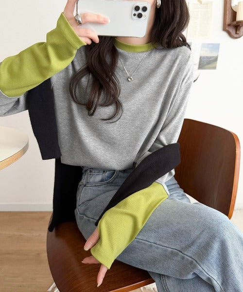 レイヤード見えで仕上げる、きれいめモード。指穴（サムホール）付き袖配色切り替えテレコリブニットプルオーバー（長袖） ce1330082