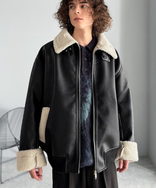【Classical Origin】「ずっしりかっこいい。」2way襟ボア切り替えフェイクレザージャケット／2way Boa Collar Faux Leather Jacket co1150081