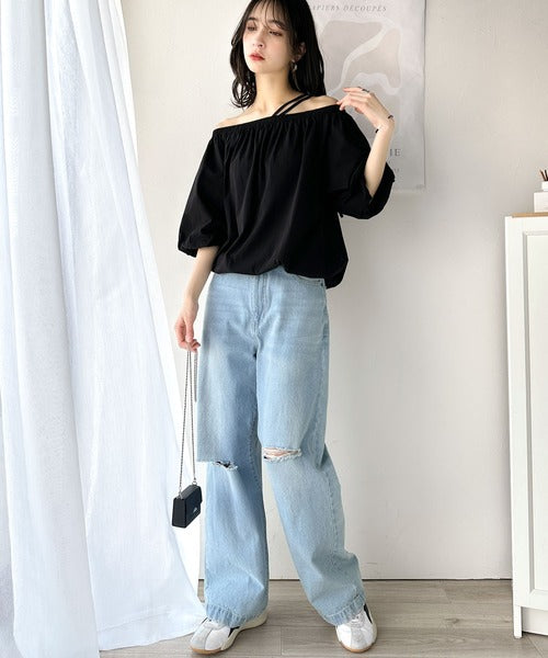 抜け感たっぷりの旬顔。マルチway綿100％シルケット加工ギャザー使いバルーンシルエットアシメブラウス（半袖） ce1260381