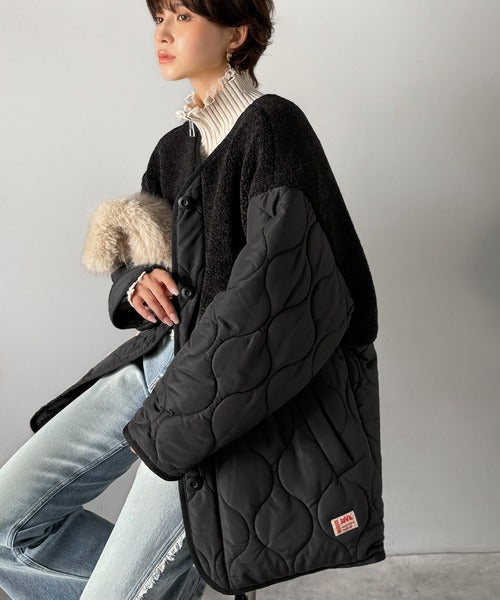 《JaVaジャバコラボ》軽くて暖かい、旬顔ボア切替♪ノーカラーひょうたんキルティングコート jv1240103