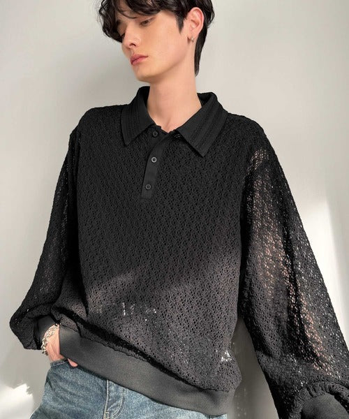 「透け感、モードの余韻。」衿ダブルライン使いレース柄ニットポロシャツ／Double-Line Collar Lace Pattern Knit Polo Shirt co1010049
