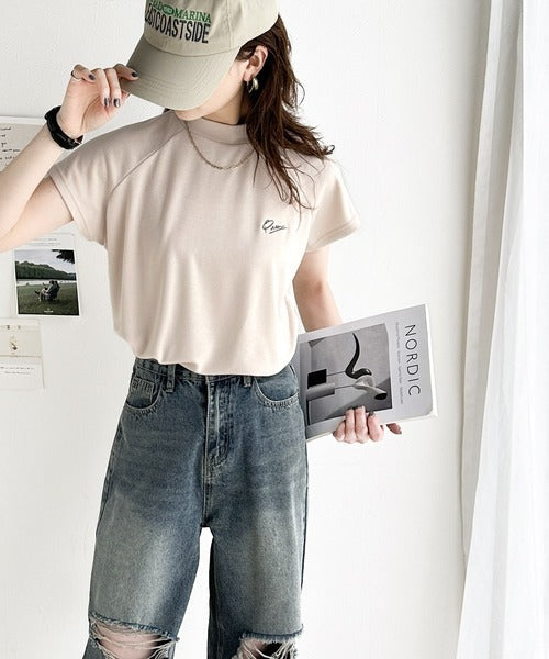 キレイめ大人のフレンチ袖。胸刺繍ラグランモックネックフレンチTシャツ ce1010311