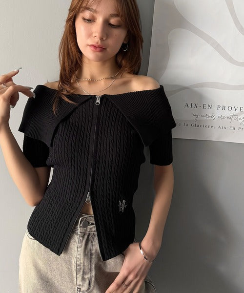 【mily bilet】抜け感レディースタイル。ロゴ刺繍オフショル２WAYダブルジップケーブル柄サマーニット（半袖） mi1029121
