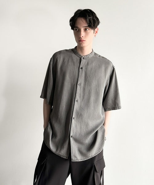 Rayon Denim Band Collar Relaxed Shirt／ヴィンテージ加工ルーズフィットデニムシャツ co1150011